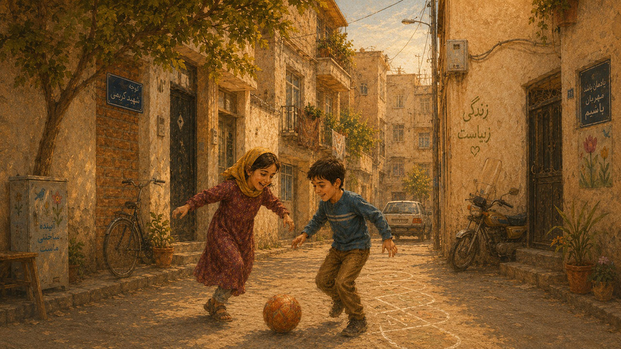 Maryam and Sepehr playing in the alley that is their only playground